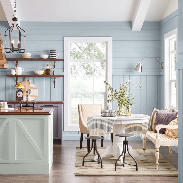 light blue dining room / kitchen - farmhouse style