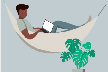 Drawing of young man on hammock using laptop