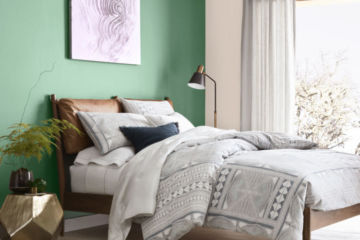 Bedroom, bed, green wall behind, window on the side