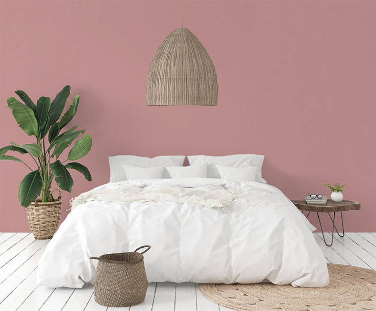 bedroom, white bedding, pressed flower color walls