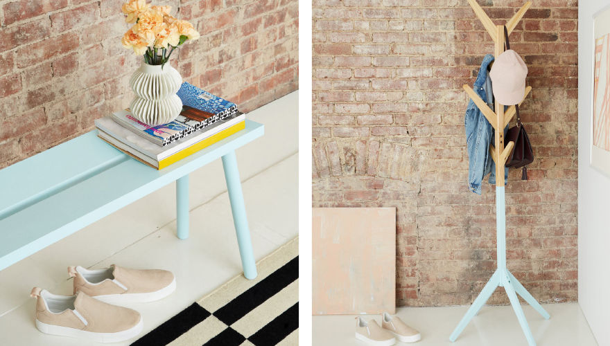 two pictures of hallway side-by-side, brick walls, bench and hanger for outwear