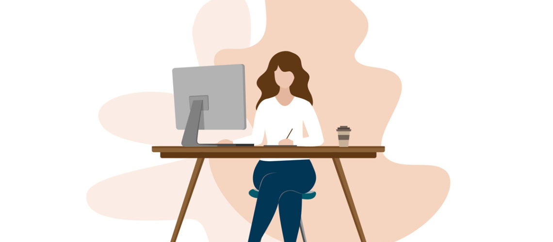 Drawing of a woman sitting by the desk with iMac and writing something with pen