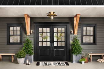 exterior shot of an entryway with double doors in black