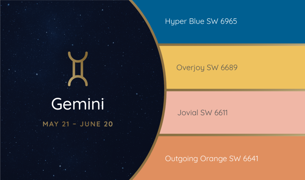 Gemini paint palette featuring the Sherwin-Williams colors Hyper Blue SW 6965, Overjoy SW 6689, Jovial SW 6611 and Outgoing Orange SW 6641.