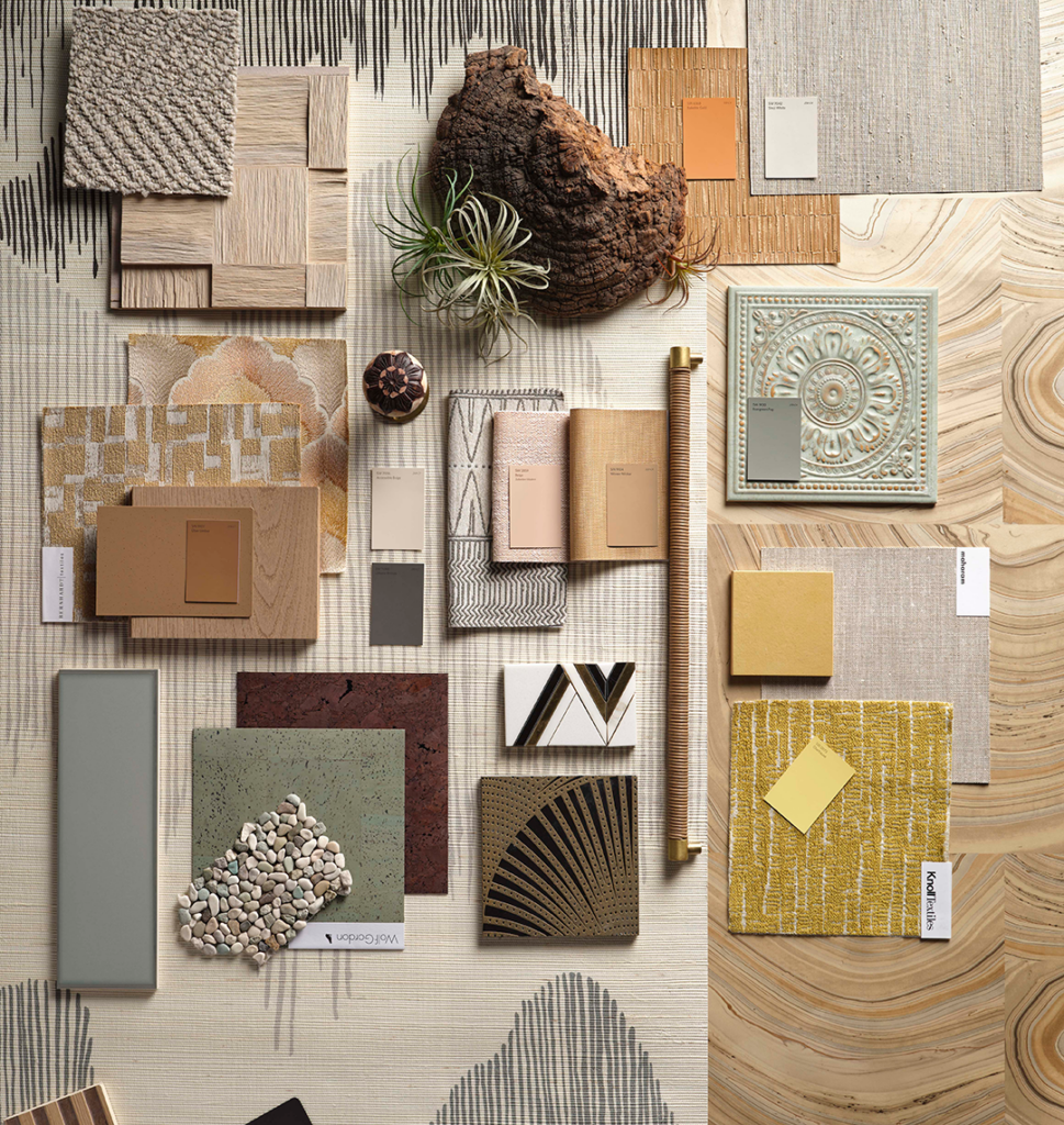 flat lay of textiles, color chips and other dimensional elements.