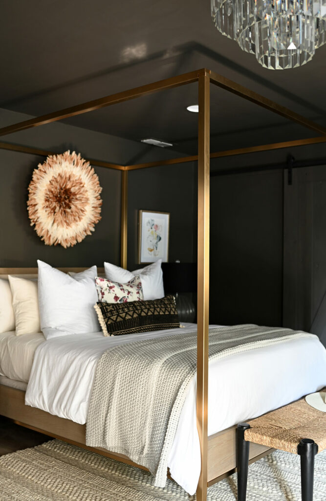 a dark bedroom with a gold canopy bed.