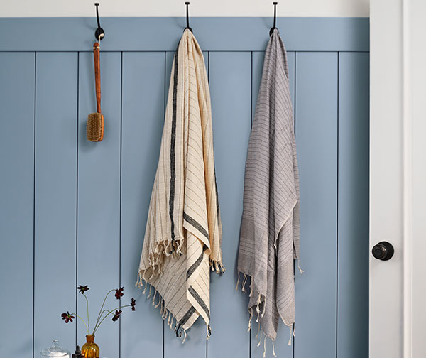 Close up of bathroom wall painted Aleutian SW 6241 with towels and bath brush hanging from hooks