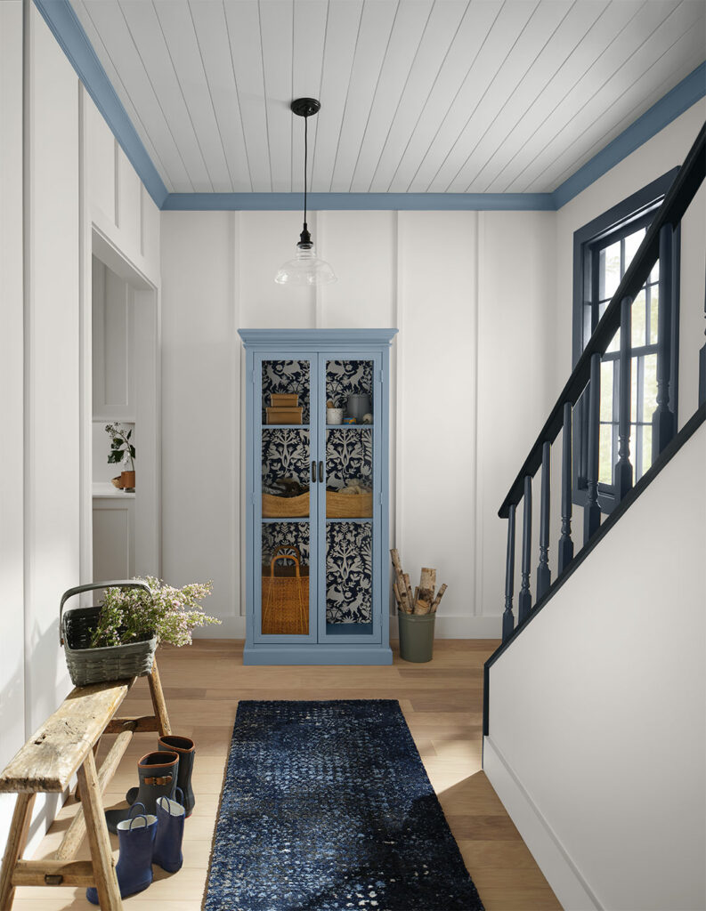Nordic Folklore style Hallway with Aleutian SW 6241 Trim and stand alone cabinet.