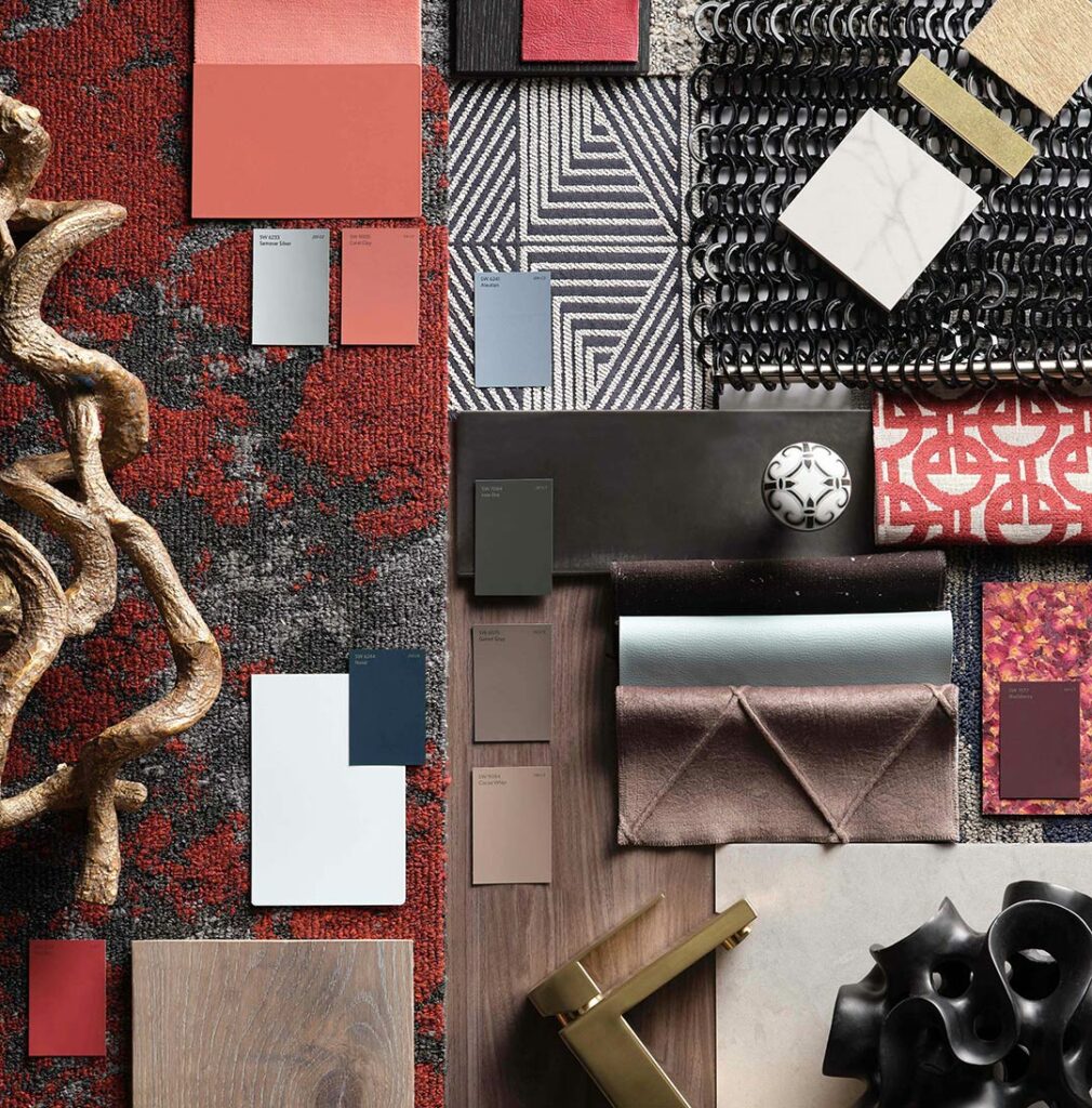 mood board of color chips, fabric samples and material samples