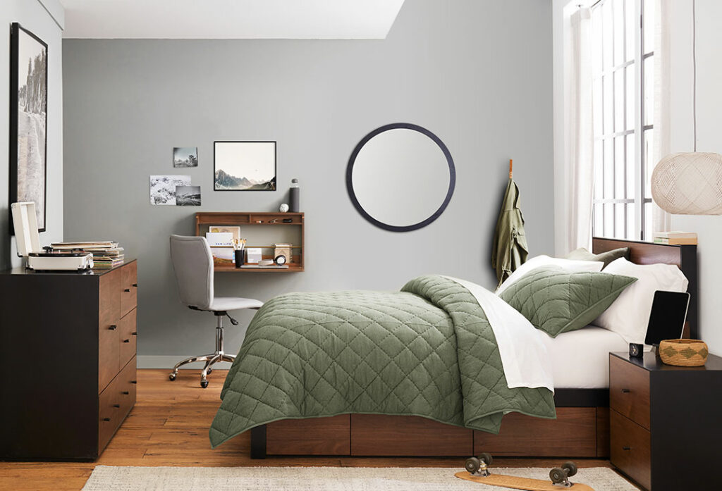teen bedroom with color palette of cool blues and greens