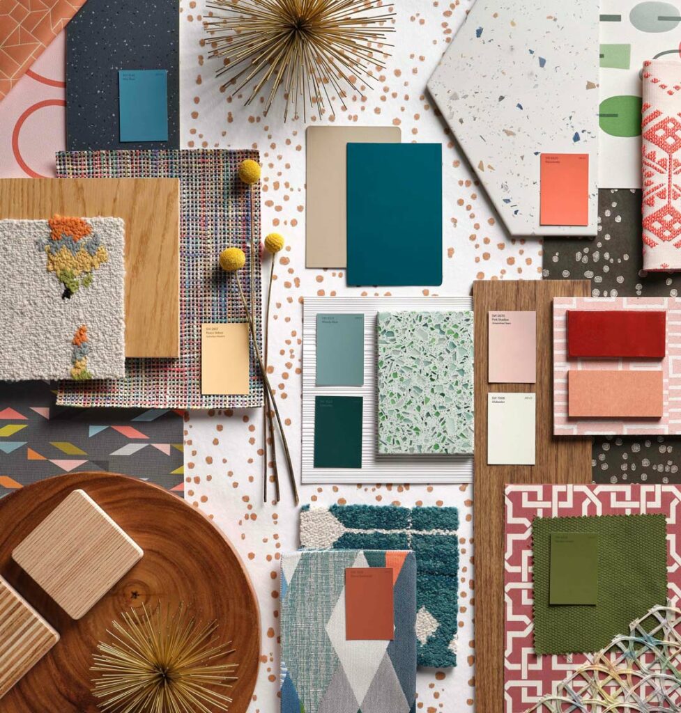 mood board of the ephemera palette featuring a mix of patterns, color chips, fabric swatches and materials.