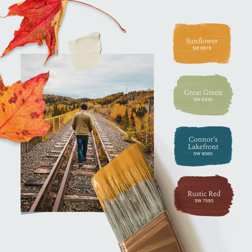 Photo of a man with his back turned wearing a tan jacket and jeans and walking away from us along some train tracks. Laying on the photo are two red, fallen leaves and a paint brush dipped in yellow-colored paint. To the right of the photo is a stacked palette of four Sherwin-Williams paint colors including Sunflower SW 6678, Great Green SW 6430, Connor’s Lakefront SW 9060, and Rustic Red SW 7593.