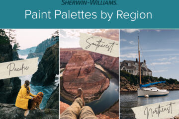 Side-by-side images of scenery including a woman and her dog gazing over the Pacific Ocean, a hiker’s outstretched legs on a cliff high above Horseshoe Bend in the Southwest, and a sailboat in a bay in the Northeast. At the top of the image is a Sherwin-Williams logo and a headline that says, Paint Palettes by Region.
