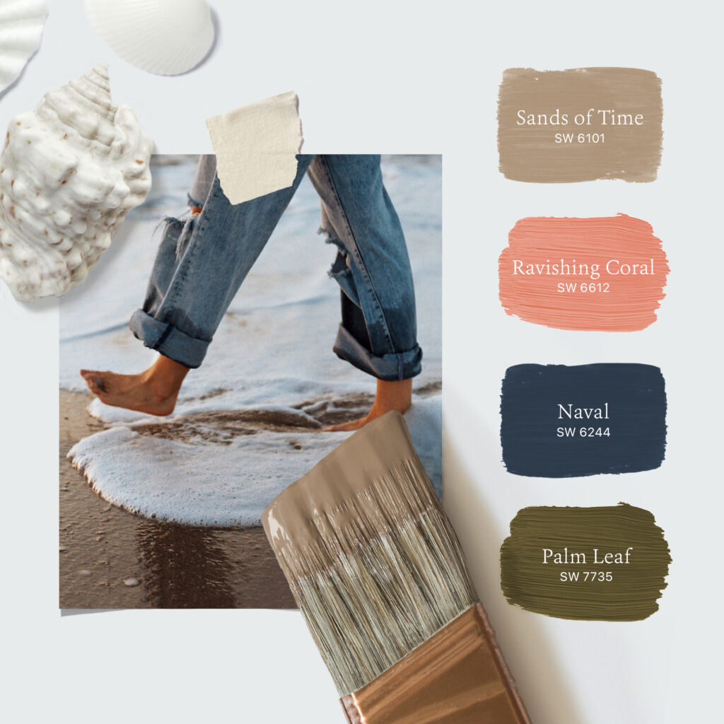 Photo of a person’s legs from the knees down walking on the beach. They are wearing rolled-up jeans and the tide is washing gently around their feet as they walk. Laying on the photo are three white seashells and a paint brush dipped in tan-colored paint. To the right of the photo is a stacked palette of four Sherwin-Williams paint colors including Sands of Time SW 6101, Ravishing Coral SW 6612, Naval SW 6244, Palm Leaf SW 7735.