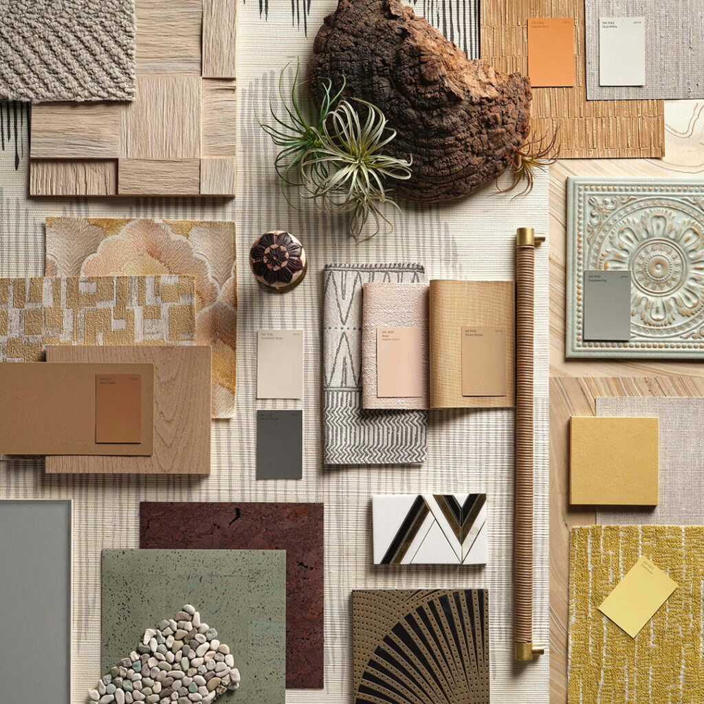 a mood board featuring different fabric swatches, tiles, color chips and knob pulls.