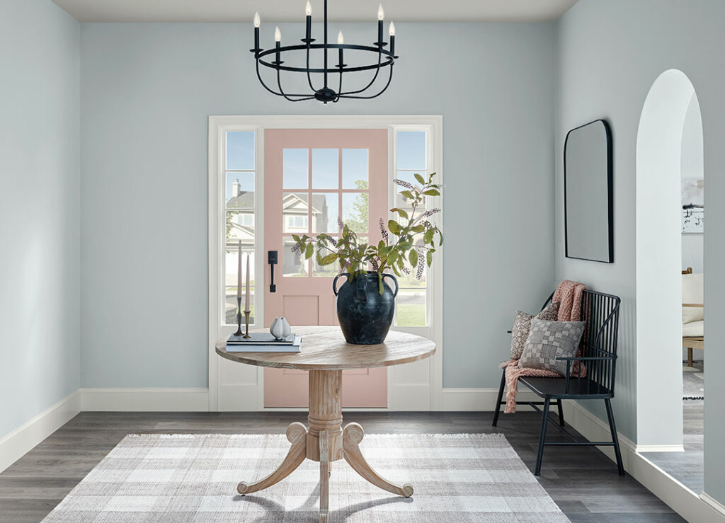 Pastel colored entryway with Modern American Farmhouse stylings.