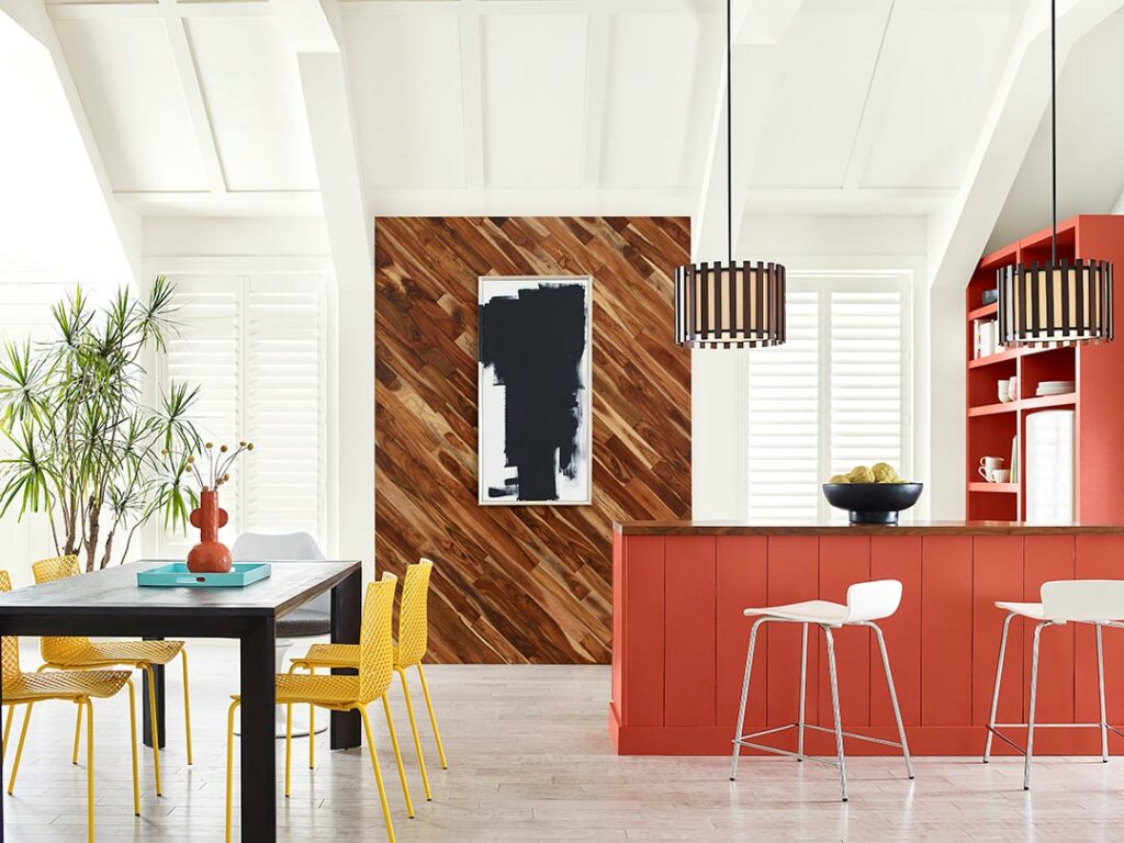 Kitchen with bold red color from the Origin palette.