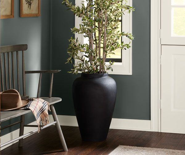 Closeup of an entryway with walls painted Homburg Gray SW 7622