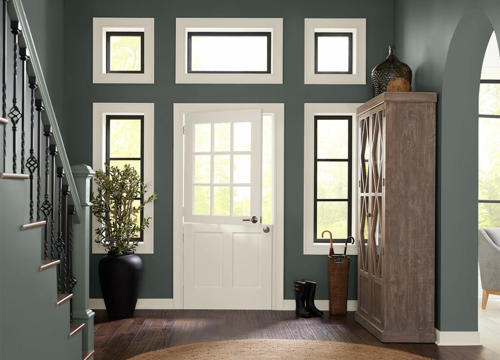 A welcoming entryway with walls painted in Homburg Gray SW 7622