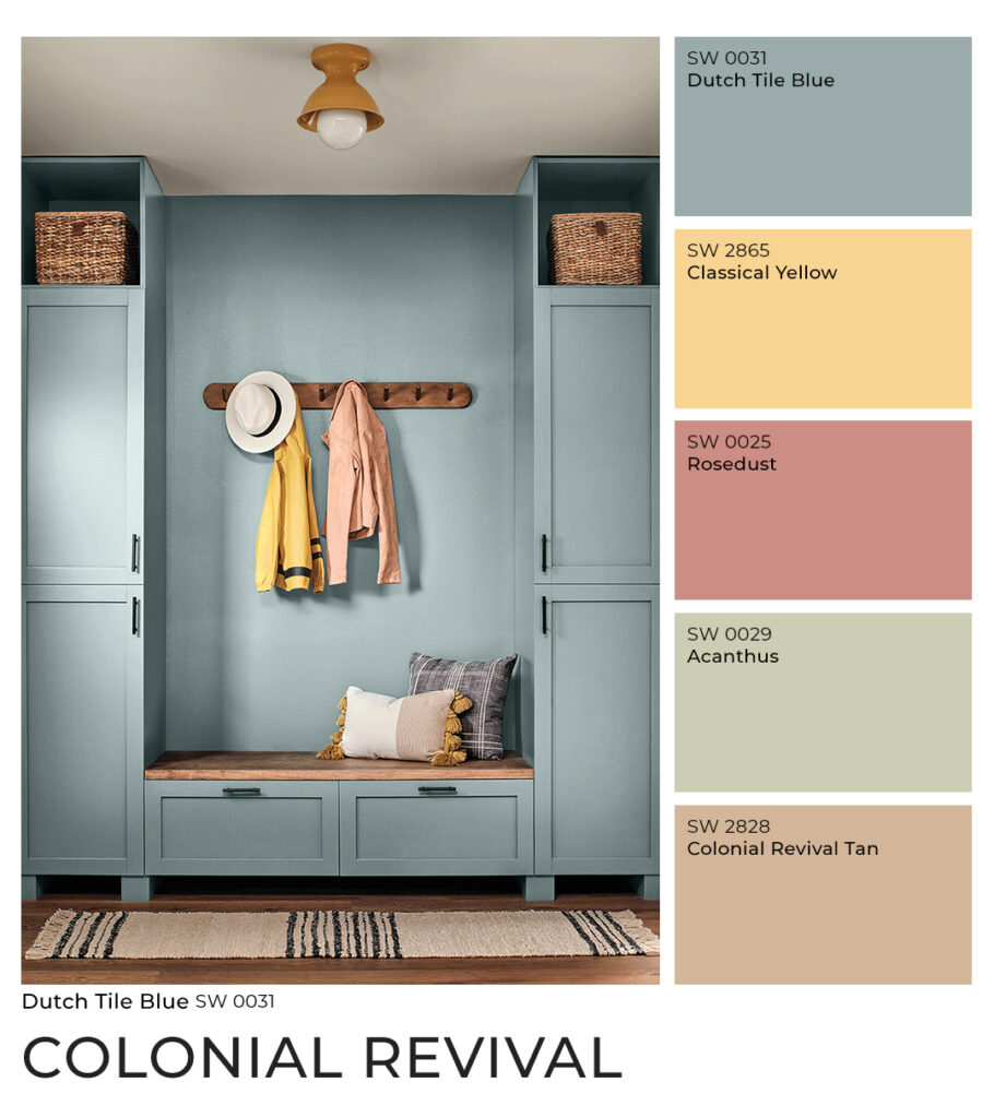 Mudroom with built-in, flat-front cabinetry painted in a dusty blue color called Dutch Tile Blue SW 0031 from Sherwin-Williams. Two jackets and a fedora hat hang on a wooden rack attached to the back wall. To the right of the image is a coordinating paint color palette featuring Dutch Tile Blue SW 0031, Classical Yellow SW 2865, Rosedust SW 0025, Acanthus SW 0029, and Colonial Revival Tan SW 2828.