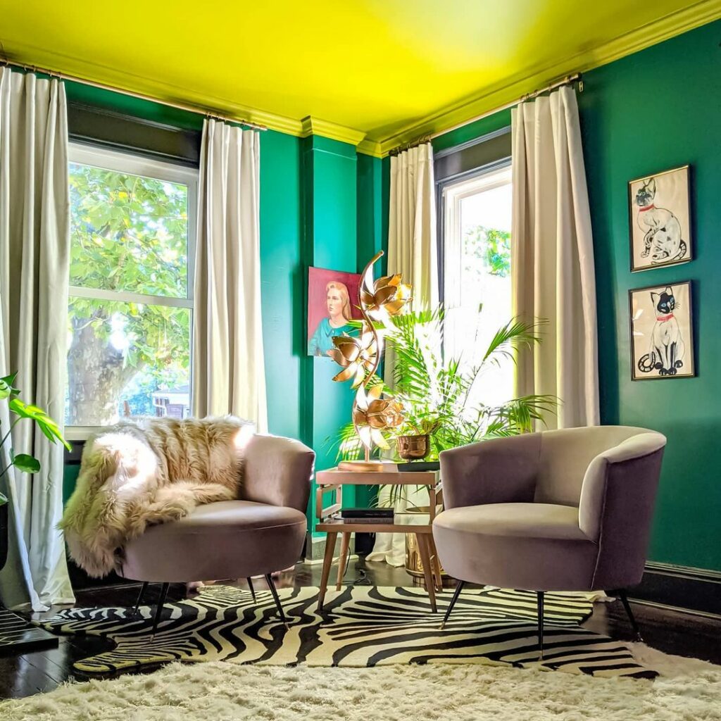 Living room with ceiling painted Offbeat Green SW 6706.