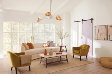 Bright and clean modern living room space with a retro feel.