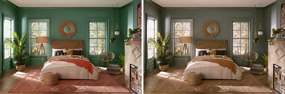 Two images that show the difference between how someone with deuteranomaly would interpret a room that has been painted Billiard Green