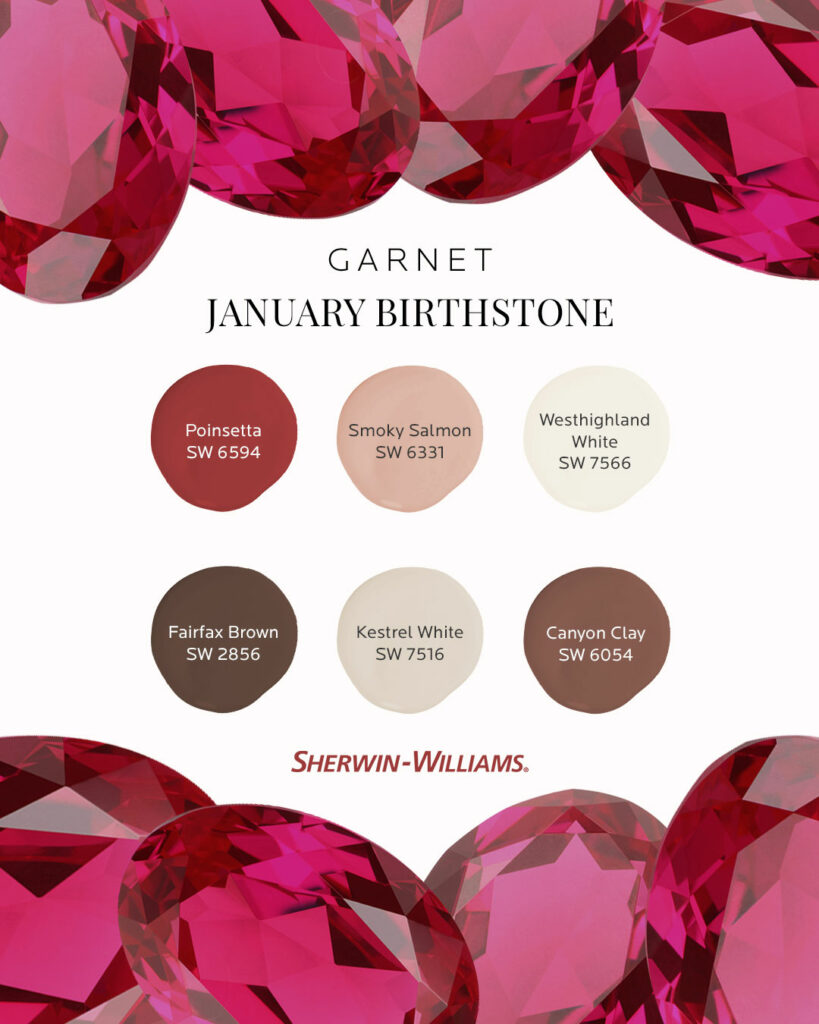 Image features the headline: January Birthstone, Garnet. At the top and bottom of the image are large, red garnet gemstones grouped together. Between those are six Sherwin-Williams paint color dollops including Poinsettia SW 6594, Smoky Salmon SW 6331, Westhighland White SW 7566, Fairfax Brown SW 2856, Kestrel White SW 7516 and Canyon Clay SW 6054.