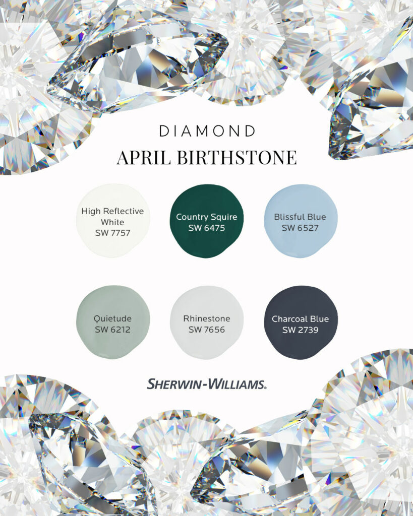 Image features the headline: April Birthstone, Diamond. At the top and bottom of the image are large, transparent, diamond gemstones grouped together. Between those are six Sherwin-Williams paint color dollops including High Reflective White SW 7757, Country Squire SW 6475, Blissful Blue SW 6527, Quietude SW 6212, Rhinestone SW 7656 and Charcoal Blue SW 2739.