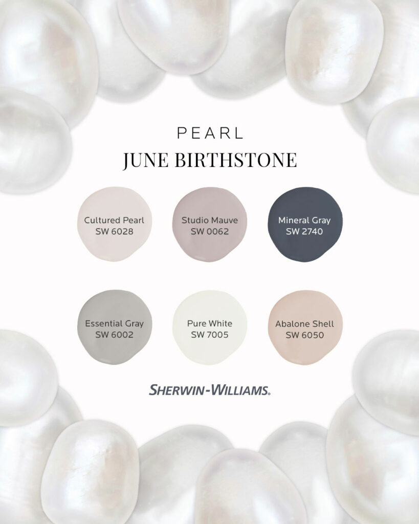 Image features the headline: June Birthstone, Pearl. At the top and bottom of the image are large pearls grouped together. Between those are six Sherwin-Williams paint color dollops including Cultured Pearl SW 6028, Studio Mauve SW 0062, Mineral Gray SW 2740, Essential Gray SW 6002, Pure White SW 7005 and Abalone Shell SW 6050.