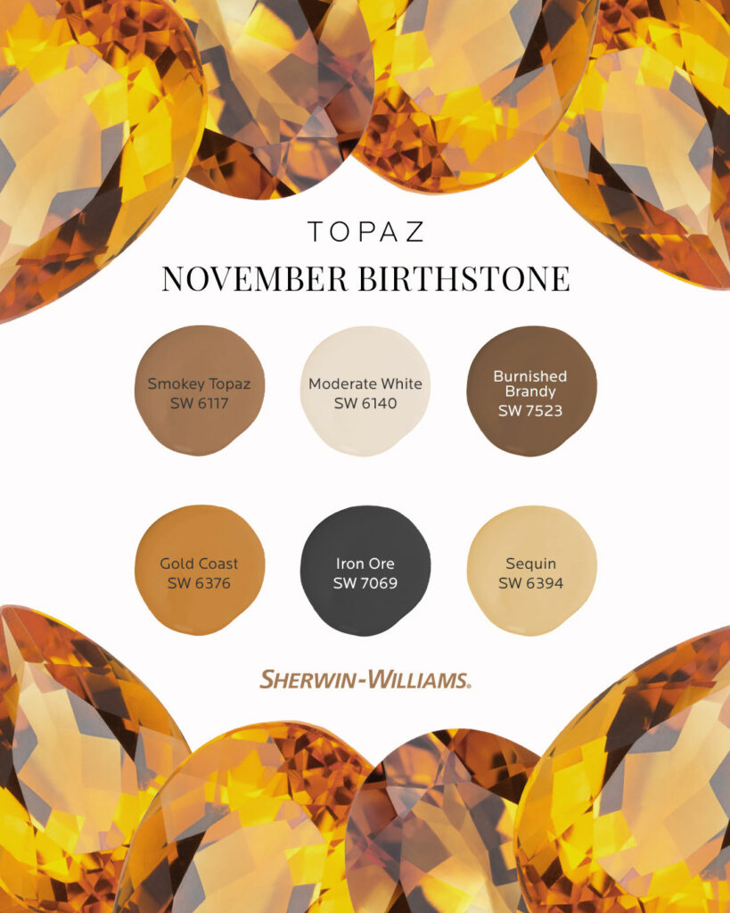 Image features the headline: November Birthstone, Topaz. At the top and bottom of the image are large, amber-colored gemstones grouped together. Between those are six Sherwin-Williams paint color dollops including Smokey Topaz SW 6117, Moderate White SW 6140, Burnished Brandy SW 7523, Gold Coast SW 6376, Iron Ore SW 7069 and Sequin SW 6394.