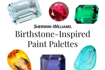 Image features the headline: Sherwin-Williams Birthstone-Inspired Paint Palettes. Dancing around the headline are 12 animated gemstones including a garnet, amethyst, aquamarine, diamond, emerald, pearl, ruby, peridot, sapphire, opal, topaz and turquoise.