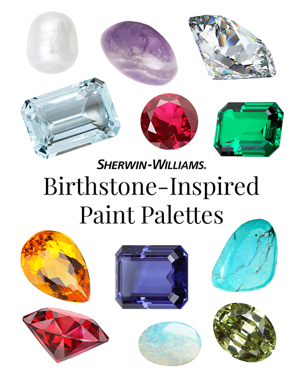 Image features the headline: Sherwin-Williams Birthstone-Inspired Paint Palettes. Dancing around the headline are 12 animated gemstones including a garnet, amethyst, aquamarine, diamond, emerald, pearl, ruby, peridot, sapphire, opal, topaz and turquoise.