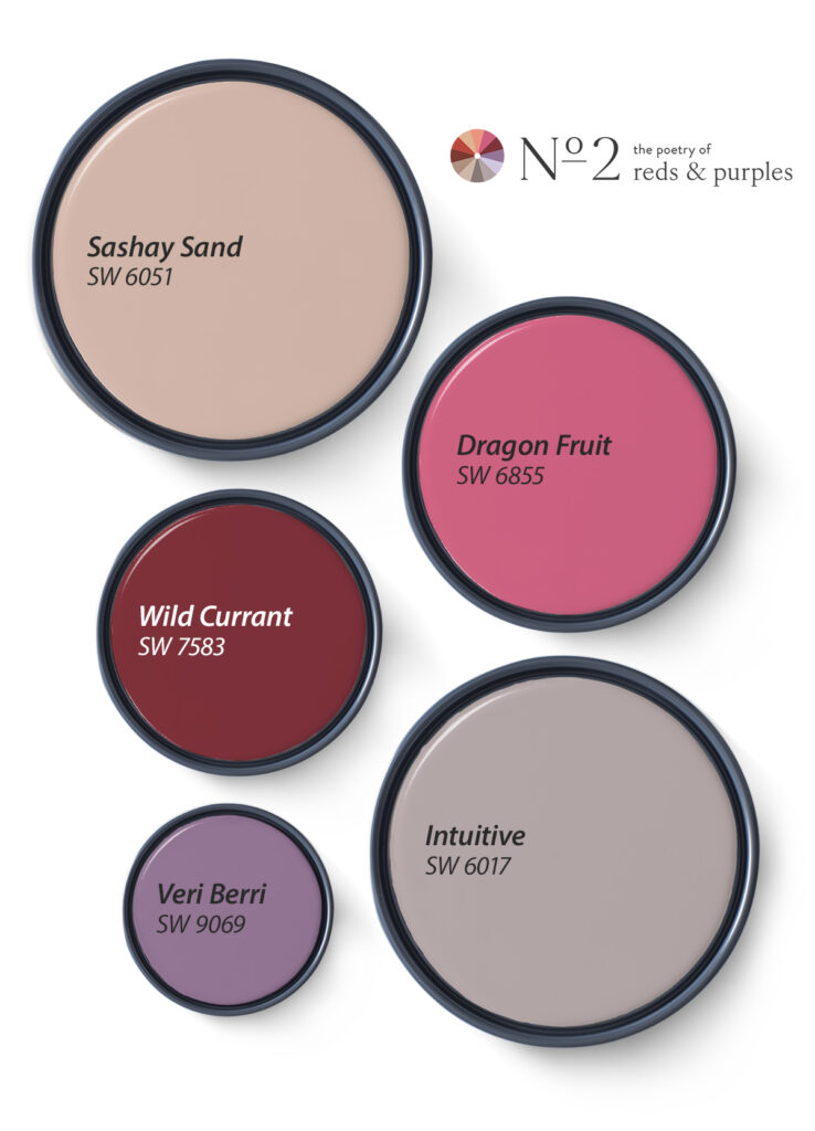 Five paint can lids featuring the colors in this blog post: Sashay Sand, Dragon Fruit, Wild Currant, Intuitive and Veri Berri.