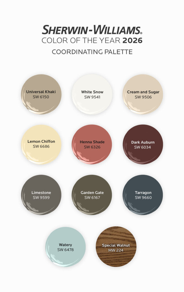 Paint dollops of Universal Khaki and the ten coordinating colors of the Color of the Year palette.