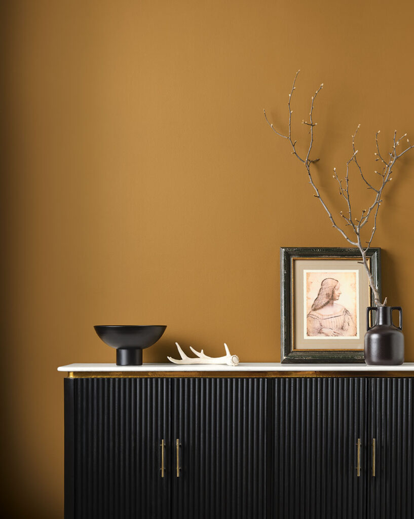 Cropped photo of a black lowboy cabinet in front of a wall painted in Relic Bronze, a deep, saturated ochre.