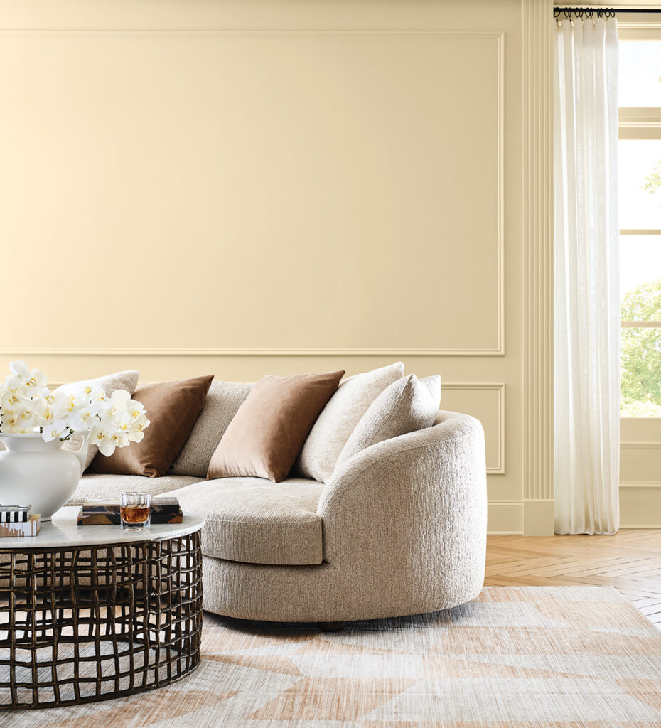 A photo of a living room featuring the Sherwin-Williams color Sundew SW 7688