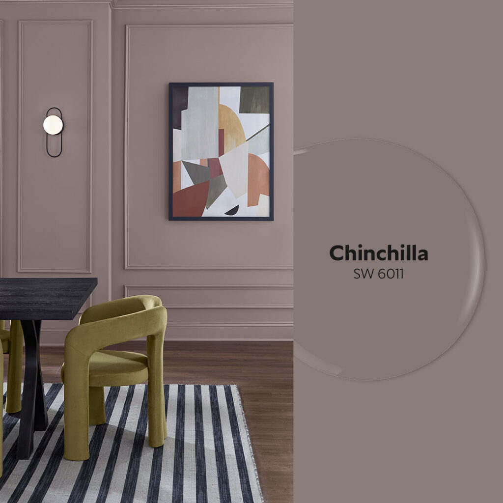 A dining room image with walls, trim and ceiling all painted in Sherwin-Williams Chinchilla.