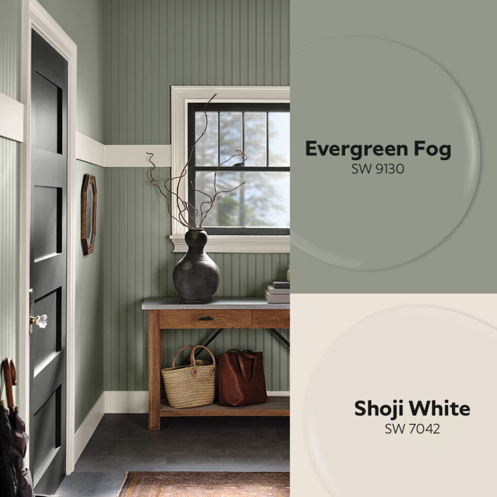 A mudroom painted in Evergreen Fog with trim painted in Shoji White, two Sherwin-Williams colors.