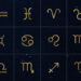All twelve zodiac symbols on a night sky.