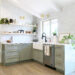 Open kitchen with lower cabinets painted in Evergreen Fog SW 9130. Feature image.
